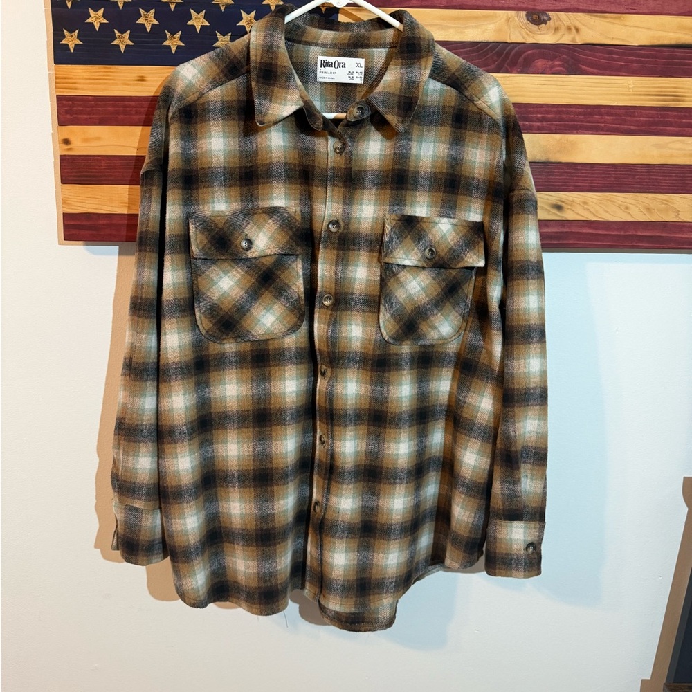 Rita Ora Flannel Plaid Shirt for Brown and Cream Size XL